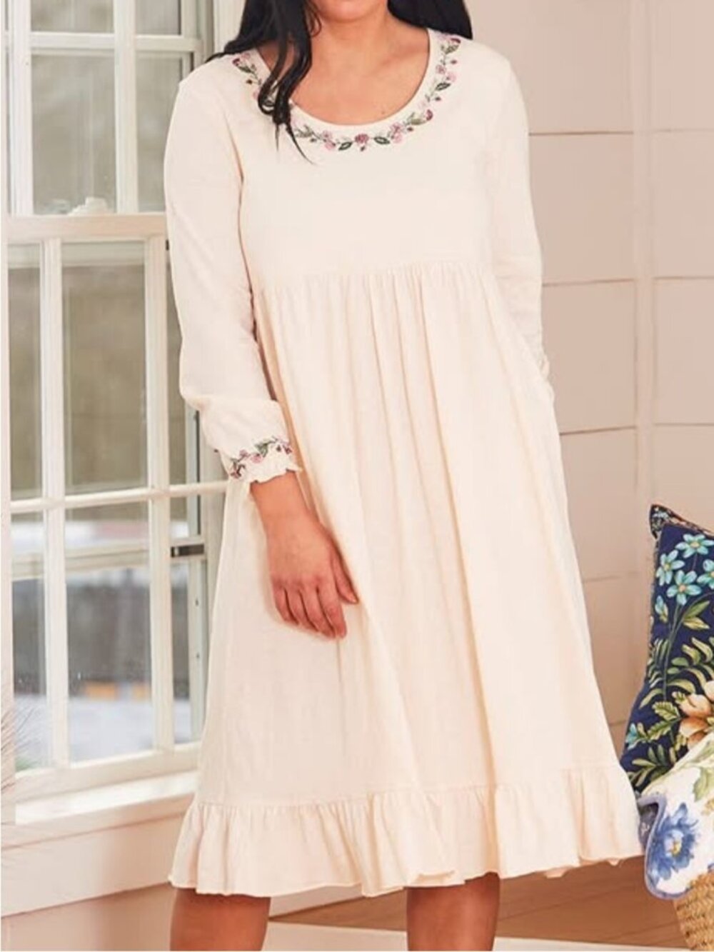 April Cornell Ivory Floral Embroidered Long Sleeve Ruffle Cottagecore Dress Med